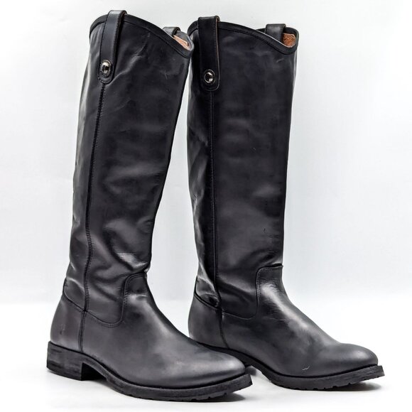 Frye Women Melissa Button Black Leather Equestrian Riding Lug Sole Boots Size 6 - Picture 1 of 11